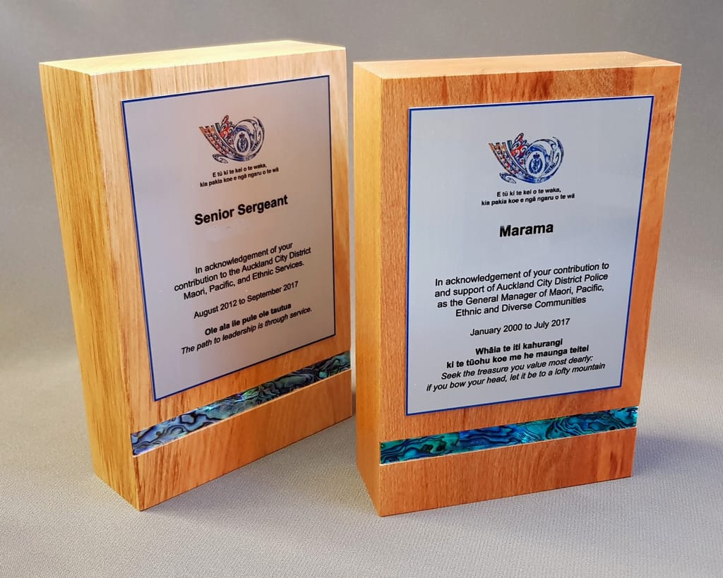 rimu trophy with plate and paua