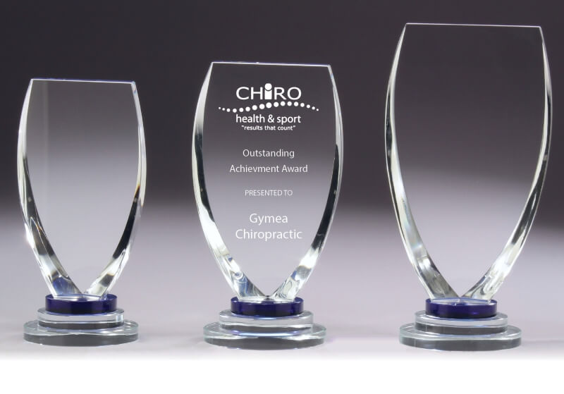 Curved crystal trophies with blue base
