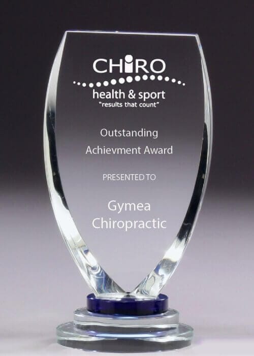 Curved crystal trophy with blue base